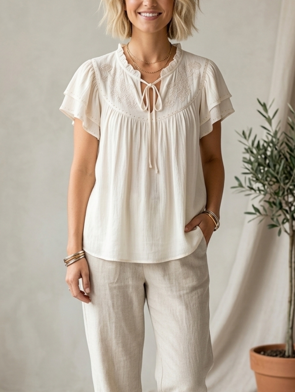 Rachel Zoe Romantic Embroidered Ruffle Tie-Neck Blouse Boho Peasant Top Large